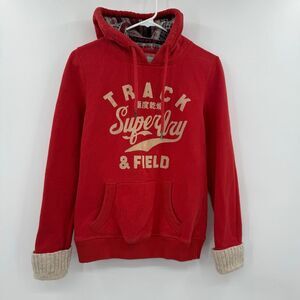 Women's superdry track and‎ field red hoodie wool cuffs and hood size medium